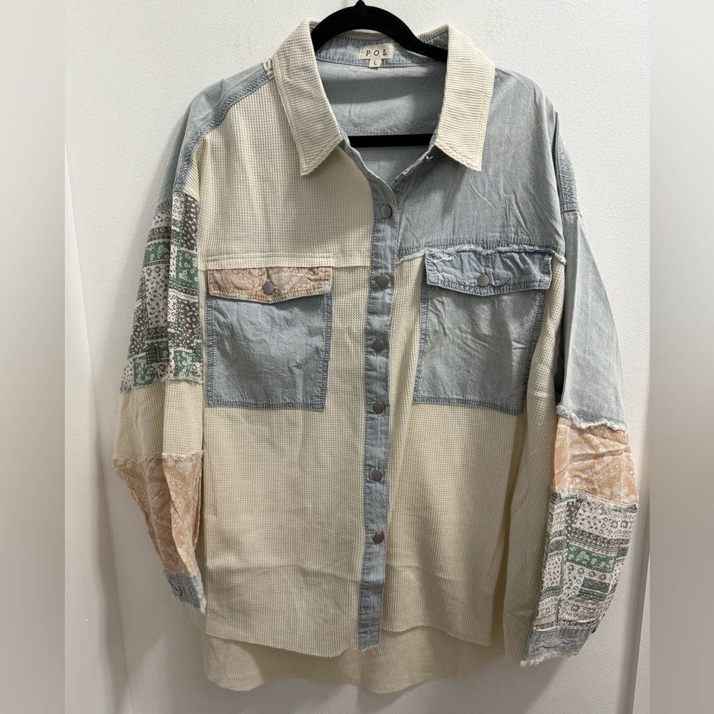 POL Patchwork Button-Up Shirt - Cream, Gray, Green, Tan